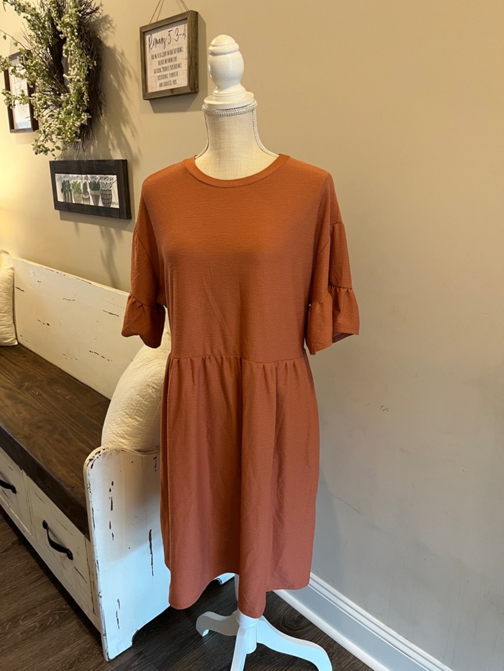 Liberty Love Rust Orange Midi Dress with Flutter Sleeves